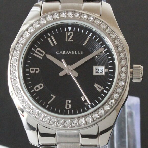 Caravelle Ladies Dress Watch By Bulova Black Sunray Dial 48 Crystal Bezel 28mm - Picture 9 of 12